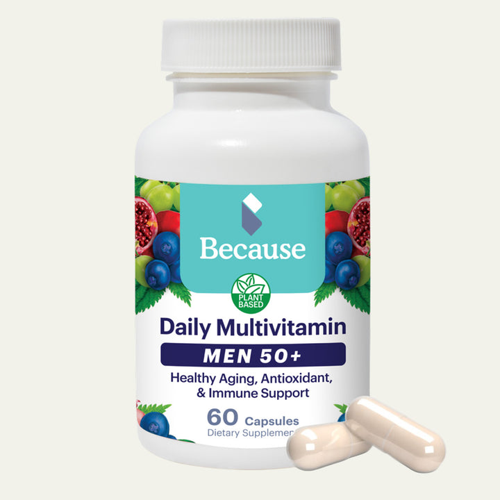 Daily multivitamin bottle for men 50+ with a white background
