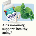Daily multivitamin bottle for men 50+  with capsules and green leaves on a light blue background. Supports healthy aging and aids immunity.