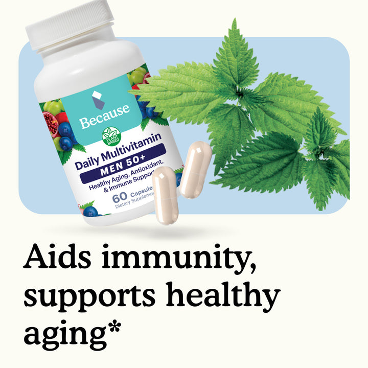 Daily multivitamin bottle for men 50+  with capsules and green leaves on a light blue background. Supports healthy aging and aids immunity.