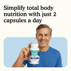 Man holding a bottle of daily multivitamin bottle for men 50+ with text about total body nutrition on a white background