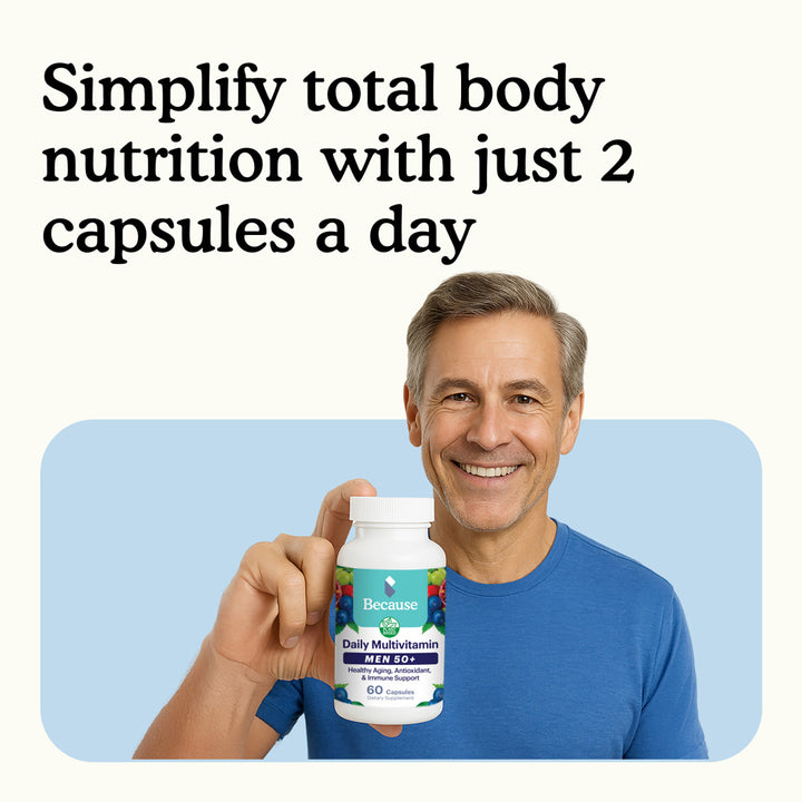Man holding a bottle of daily multivitamin bottle for men 50+ with text about total body nutrition on a white background