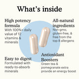 Vitamins with text highlighting high potency, natural ingredients, digestion ease, and antioxidant boosters.