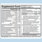 Supplement facts label with detailed nutritional information on a light blue background