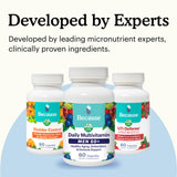 Three supplement bottles with colorful labels on a light blue background, featuring text about expert development and clinical proven ingredients.