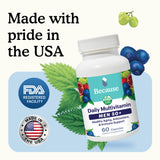 Multivitamin bottle with FDA registered facility logo and 'Made in the USA' badge on a light blue background.