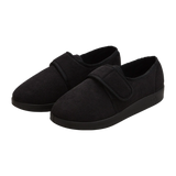 Silvert's extra wide slip resistant slippers in black viewed from the front at a slight angle.