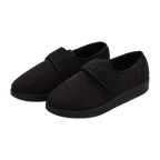 Silvert's extra wide slip resistant slippers in black viewed from the front at a slight angle.