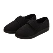 Silvert's extra wide slip resistant slippers in black viewed from the front at a slight angle.