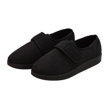 Silvert's extra wide slip resistant slippers in black viewed from the front at a slight angle.