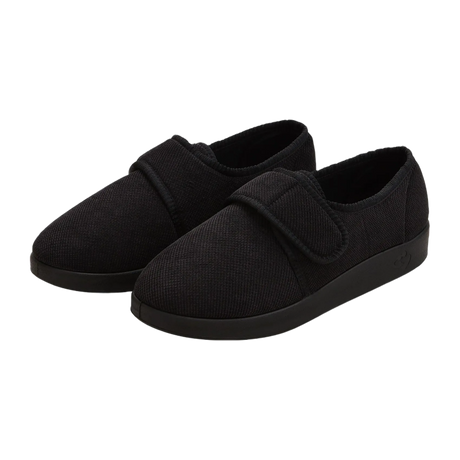 Silvert's extra wide slip resistant slippers in black viewed from the front at a slight angle.