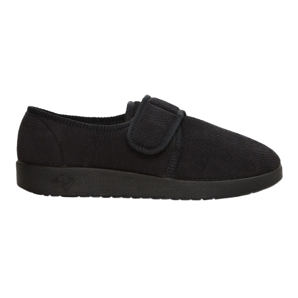 Silvert's extra wide slip resistant slippers in black viewed from the side.