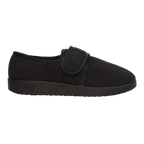 Silvert's extra wide slip resistant slippers in black viewed from the side.