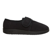 Silvert's extra wide slip resistant slippers in black viewed from the side.