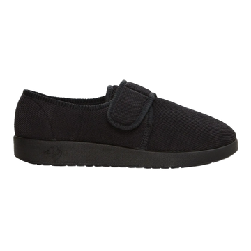 Silvert's extra wide slip resistant slippers in black viewed from the side.