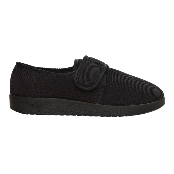Silvert's extra wide slip resistant slippers in black viewed from the side.
