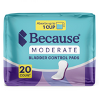 Packshot of the teal and purple Because Moderate Bladder Control Pads package, 20 count, marked absorbs up to 1 cup.