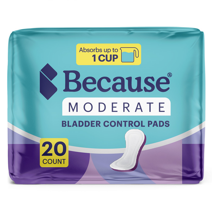 Packshot of the teal and purple Because Moderate Bladder Control Pads package, 20 count, marked absorbs up to 1 cup.