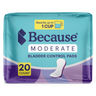 Packshot of the teal and purple Because Moderate Bladder Control Pads package, 20 count, marked absorbs up to 1 cup.