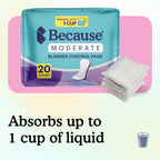 The 20-count Moderate pads package beside a stack of individually wrapped pads and one full glass, showing that one pad absorbs up to 1 cup of liquid.