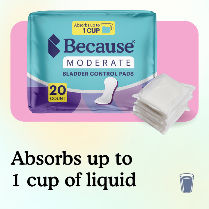 The 20-count Moderate pads package beside a stack of individually wrapped pads and one full glass, showing that one pad absorbs up to 1 cup of liquid.