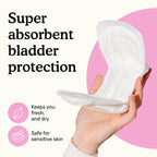 Hand holding Because moderate bladder control pad with text "Super absorbent bladder protection" on a white and pink background.