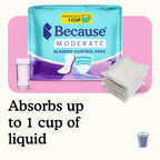 Because moderate bladder control pads with text "Absorbs up to 1 cup of liquid."