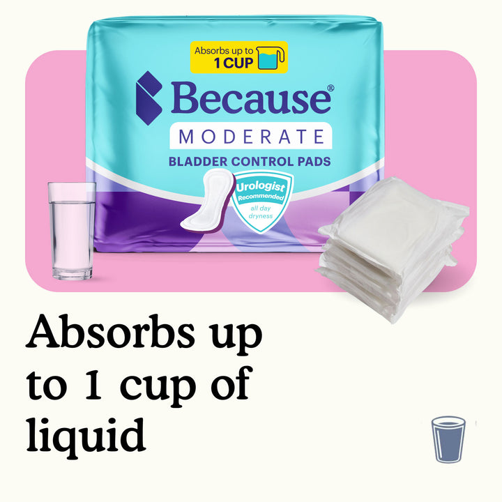 Because moderate bladder control pads with text "Absorbs up to 1 cup of liquid."