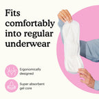Hand holding Because moderate bladder control pad with text "Fits comfortably into regular underwear" on a white and pink background.