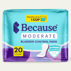 Package of Because Moderate Bladder Control Pads with a white background.