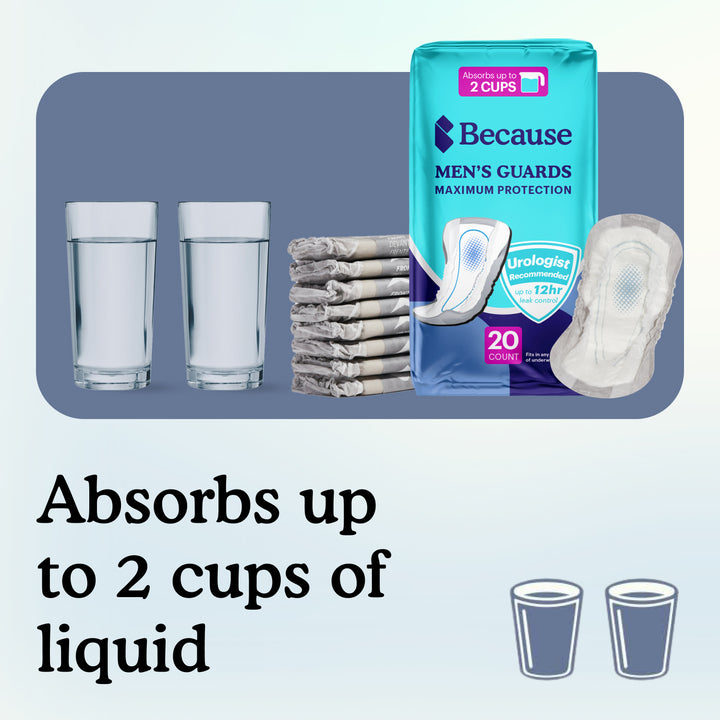 Because men's guards packaging with text about liquid absorption on a blue background