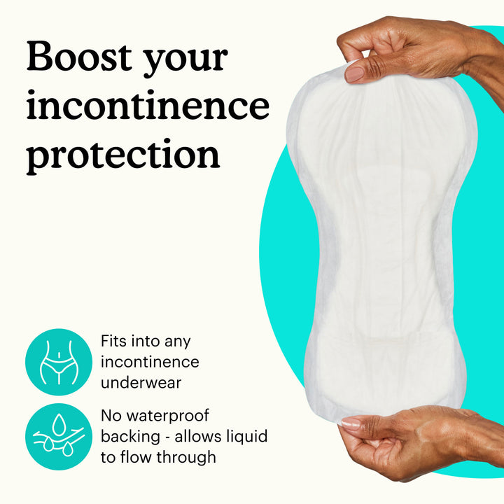 Hands holding a Because Booster Pad on a teal and white background with text "boost your incontinence protection"