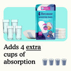 Package of Because booster pads with four glasses and text "adds 4 extra cups of absorption" on white and teal background