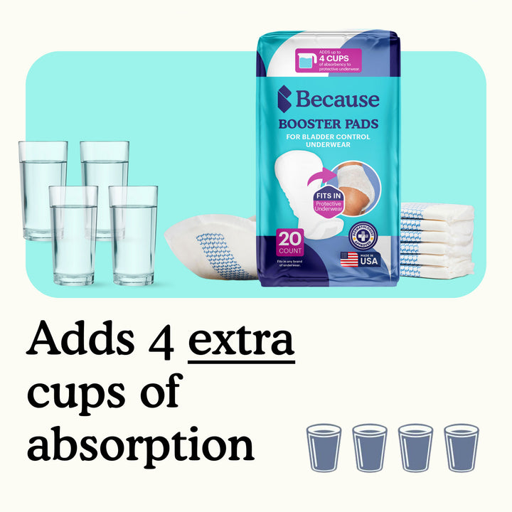 Package of Because booster pads with four glasses and text "adds 4 extra cups of absorption" on white and teal background