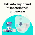 Because booster pad product packaging with text 'Fits into any brand of incontinence underwear' on a teal and white background.