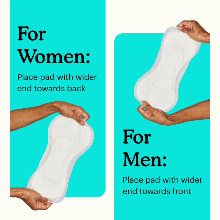 Instructions for using a Because booster pad for men and women with text and images of hands holding the pad.