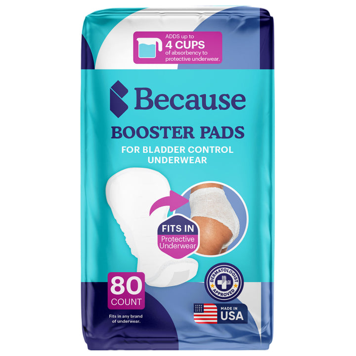 Packaging for Because Booster Pads, indicating 80 count and 4 cups capacity, with the product visible through a window on the box. The packaging is marked with 'Made in USA'.