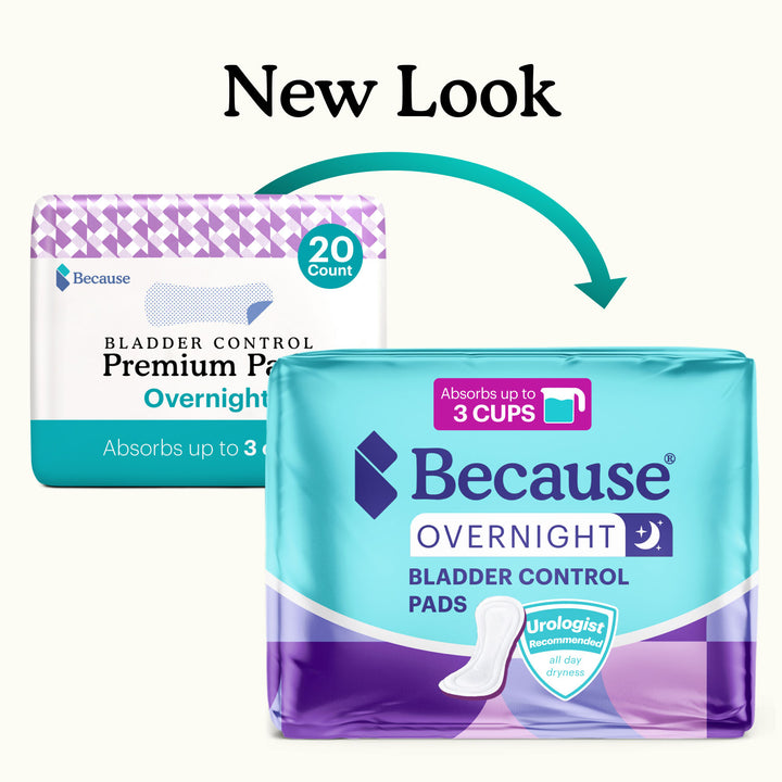 Package of Because Overnight Pads with "new look" text on white background