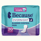 Packshot of the teal and purple Because Overnight Bladder Control Pads package, 20 count, marked absorbs up to 3 cups with a crescent moon icon.
