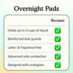 Checklist for Overnight pads with green ticks beside holds up to 3 cups of liquid, reinforced leak guards, latex- and fragrance-free, advanced odor protection, and designed with urologists.