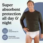 A man stands in Because overnight underwear for men with text "super absorbent protection all day and night"