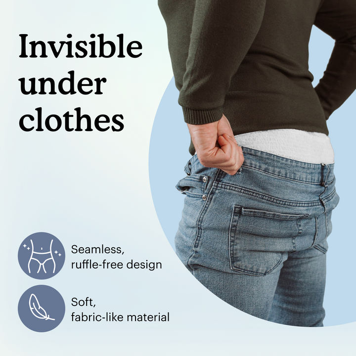 Model pulling jeans over Because premium underwear with text "Invisible under clothes"