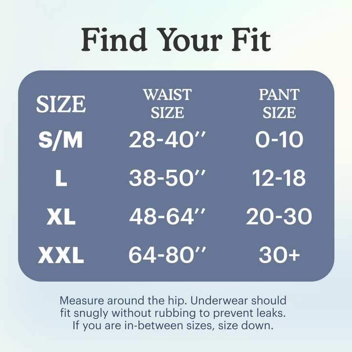 Fit size chart for overnight underwear for men