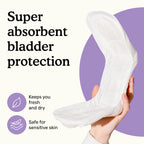 Hand holding Because overnight bladder control pad with text "Super absorbent bladder protection" on a white and purple background.