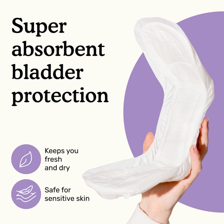 Hand holding Because overnight bladder control pad with text "Super absorbent bladder protection" on a white and purple background.