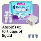 Because overnight bladder control pads with text "Absorbs up to 3 cup of liquid" on a white and purple background.