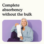 Woman holding a Because overnight bladder control pad with text "Complete absorbency without the bulk" on a white and purple background.
