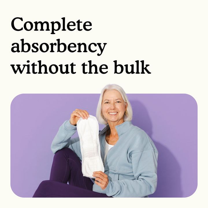 Woman holding a Because overnight bladder control pad with text "Complete absorbency without the bulk" on a white and purple background.