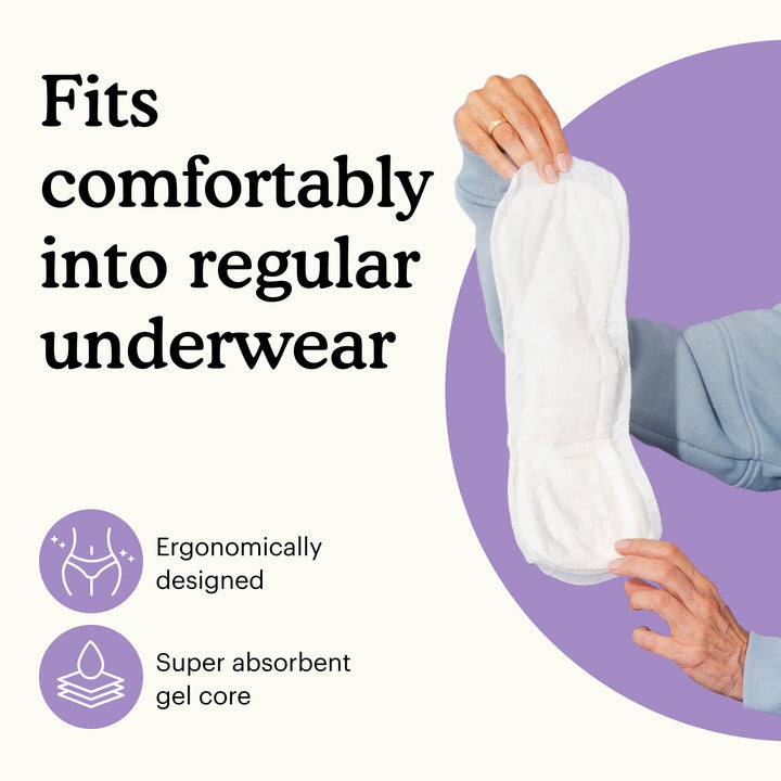Hand holding Because overnight bladder control pad with text "Fits comfortably into regular underwear" on a white and purple background.