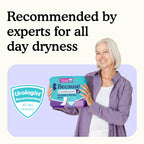 Woman holding package of Because overnight bladder control pads with text "Recommended by experts for all day dryness" and "urologist recommended" graphic on a white and purple background.