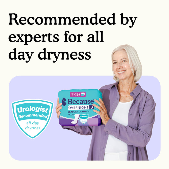 Woman holding package of Because overnight bladder control pads with text "Recommended by experts for all day dryness" and "urologist recommended" graphic on a white and purple background.
